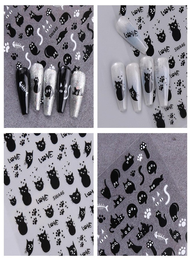 GRITOSE 6 Sheets Black Cat Nail Art Stickers Cute Animal Nail Stickers for Nail Art 3D Self-Adhesive Nail Decals Cute Funny Black Cat Sticker Design Holiday Nail Supplies for Women - Image 4